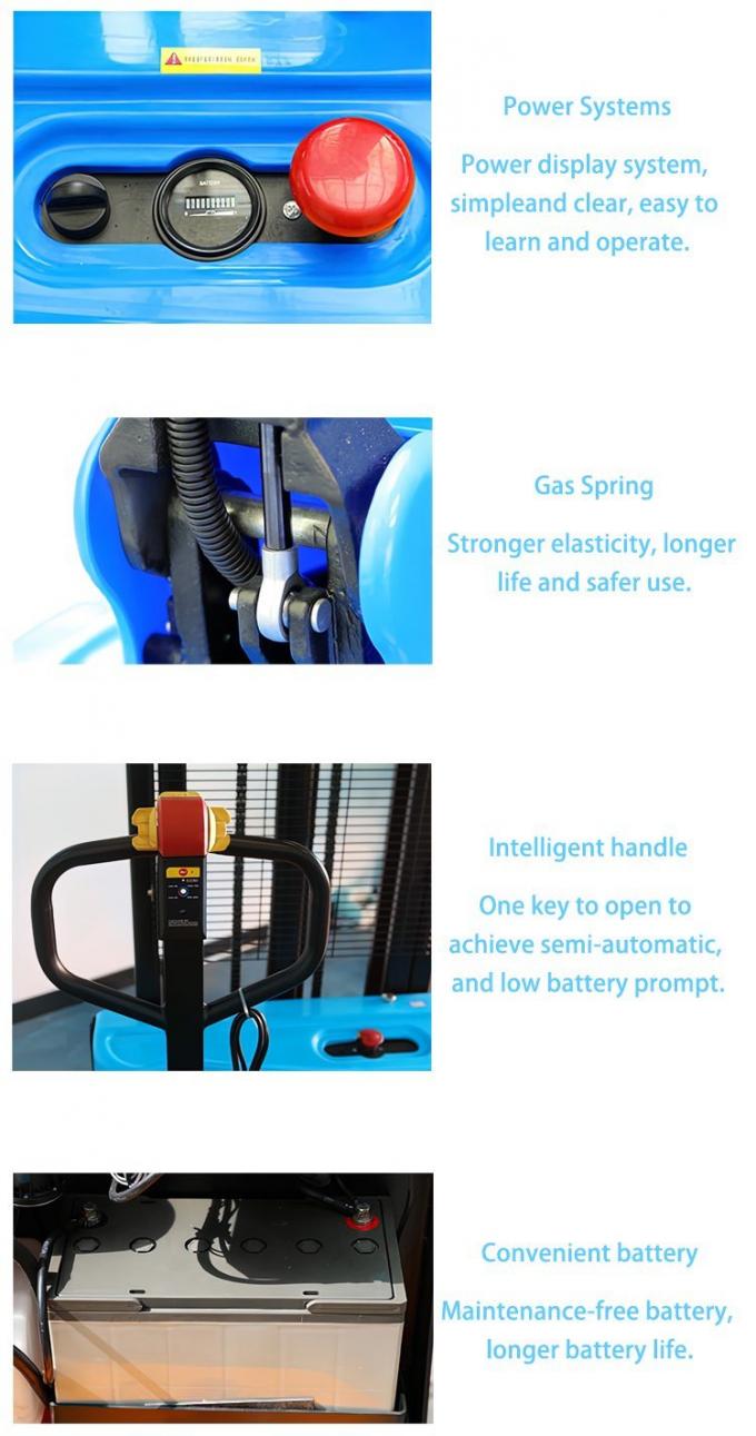 Walking Behind Electric Stacker Gabelstapler 2 Tonnen 2500 mm Höhe Fußgänger Palettenstapler mit Reichweite 1